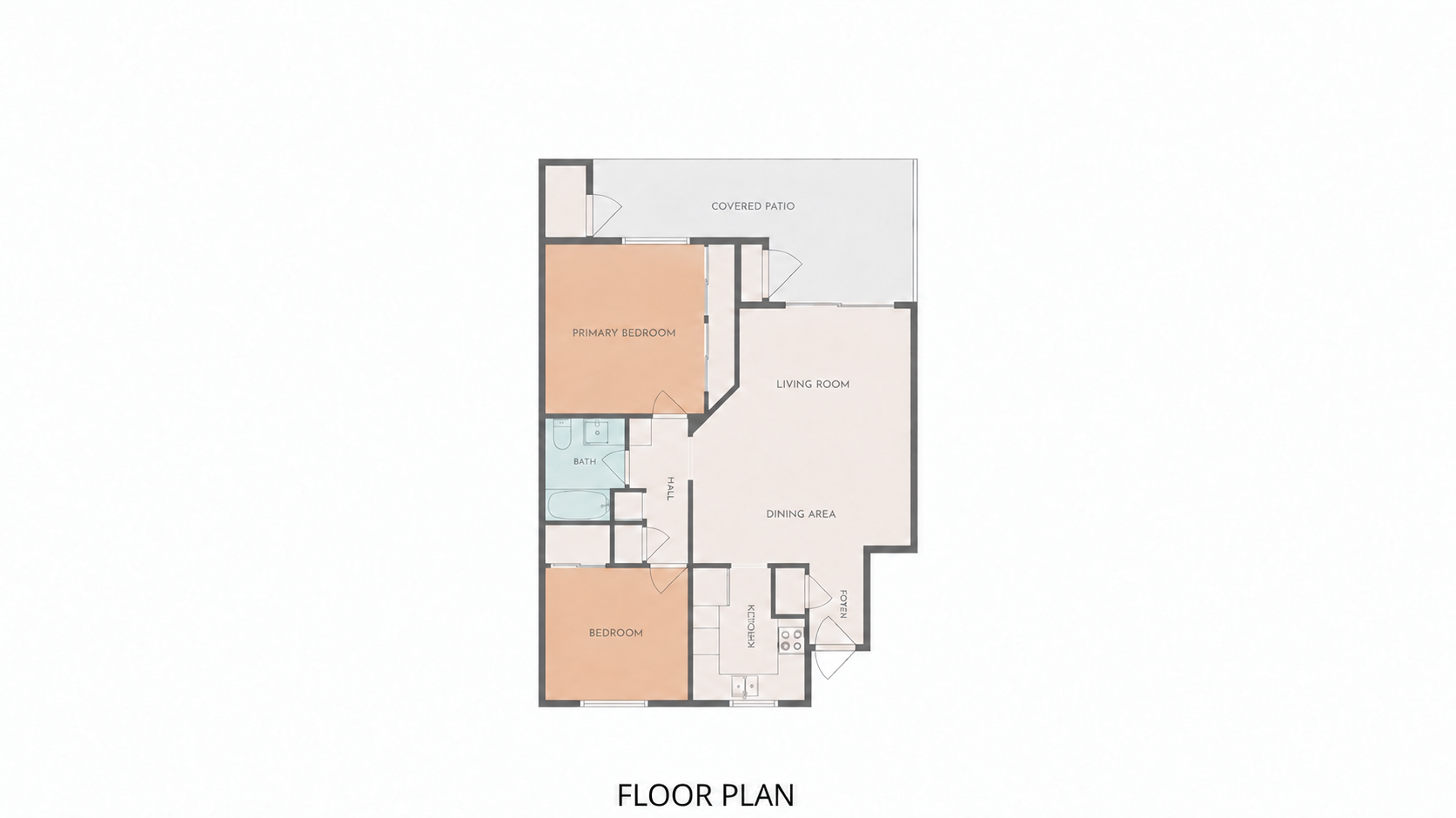 Floor plan with the primary bedroom at upper left, second bedroom at lower left, bathroom and hall between them, kitchen and foyer at lower right, central dining and living areas, and the covered patio across the top